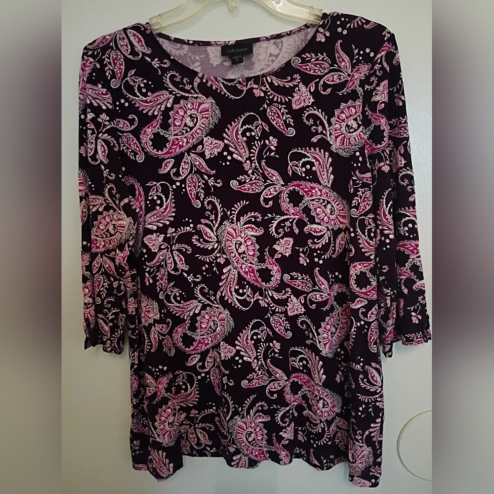 J. Jill Women's Pink and Black Paisley Blouse 3/4 Sleeve Sz M